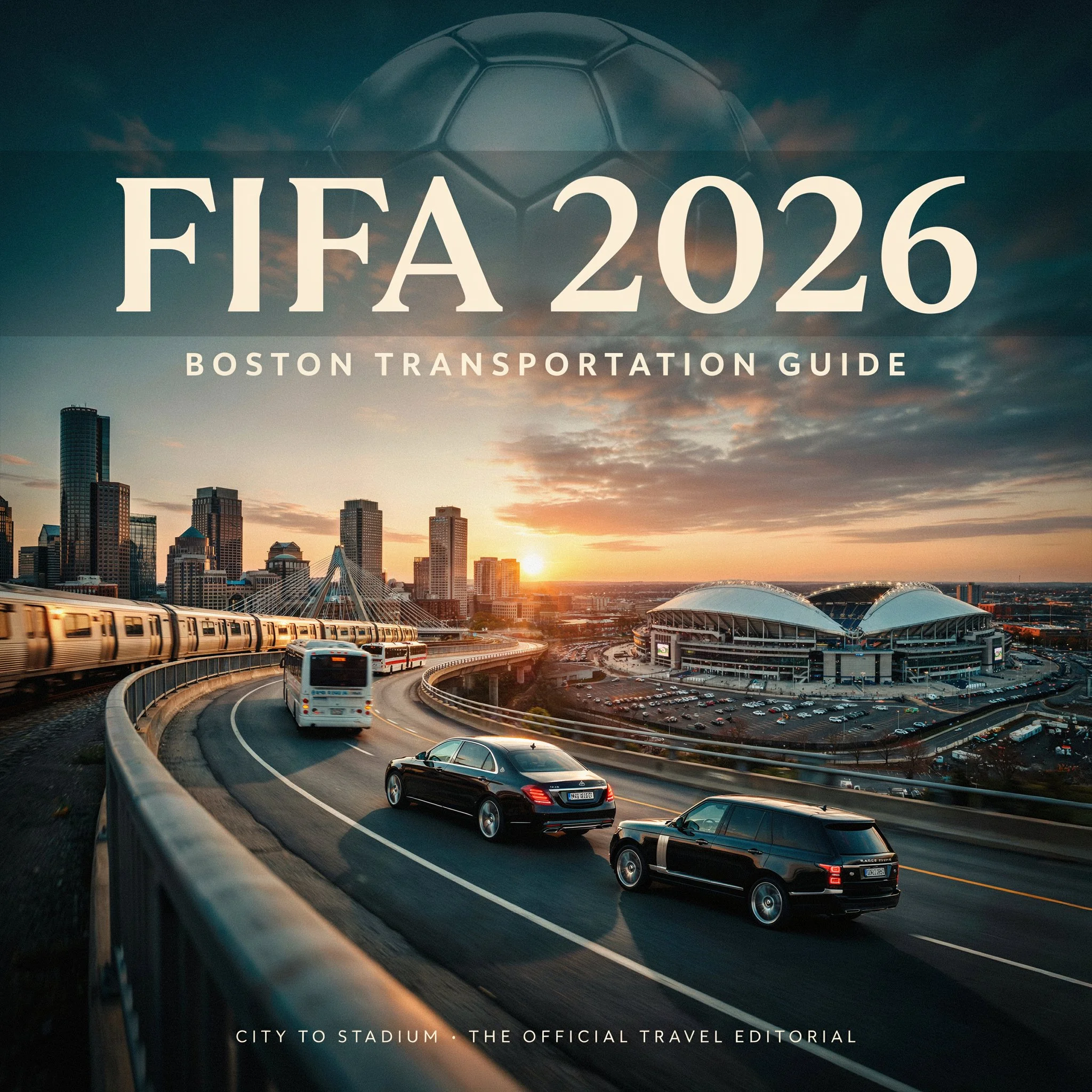 FIFA 2026 Boston transportation guide banner showing travel from Boston to Gillette Stadium with trains, cars, and stadium skyline at sunset.